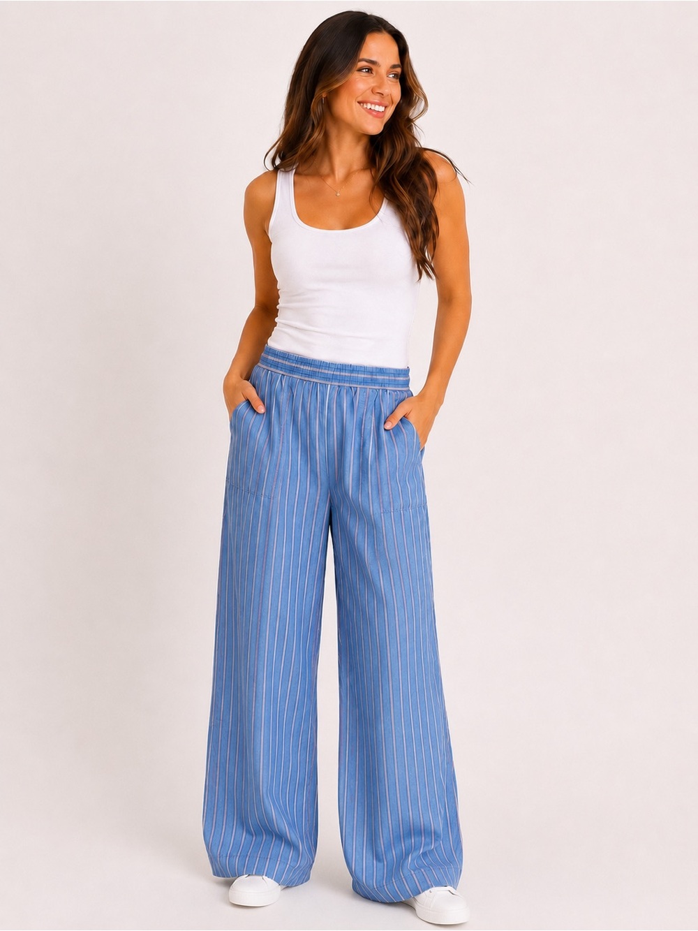 FEVER Lyocell Striped Wide Leg Pull-On Pants Blue Red Women’s NWT